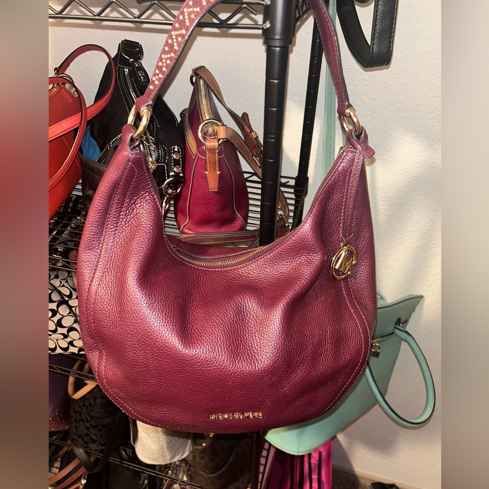 Michael Kors Maroon Lydia Pebbled Leather Saddle Bag w/ studded strap